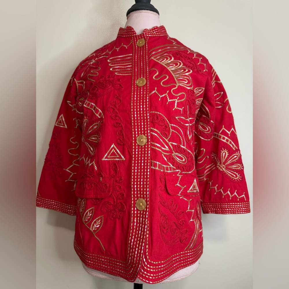 Norm Thompson NWT Red Embroidered Jacket with Gold Accents size medium